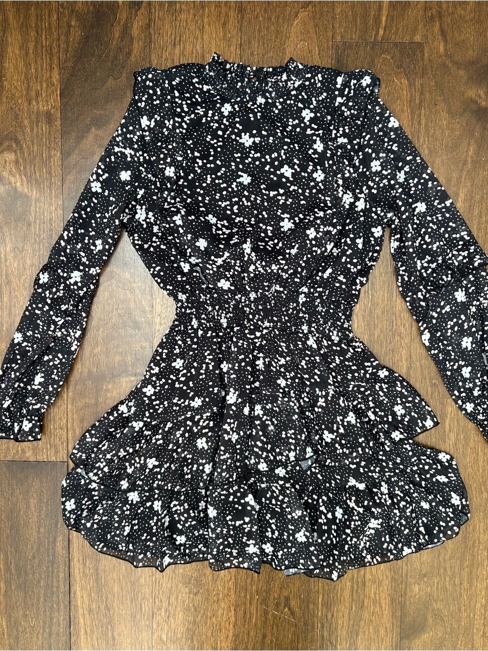 Aqua Black and White Floral Long-Sleeve Smocked Waist Dress